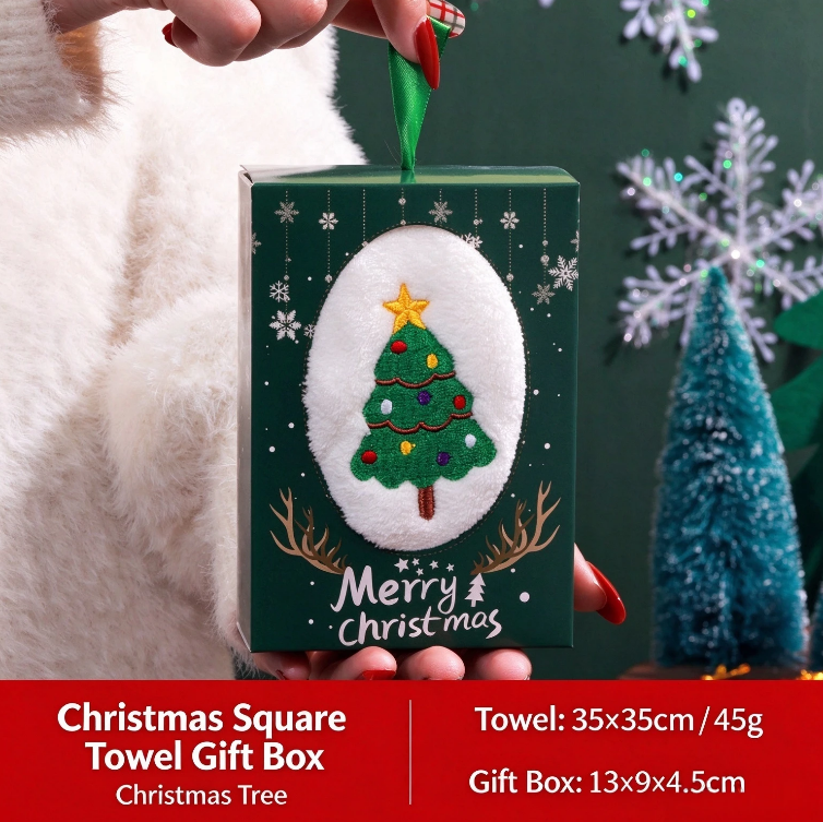 Christmas towel gift box with embroidered gift and cartoon figurines