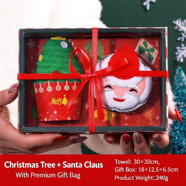 Christmas towel gift box with embroidered gift and cartoon figurines