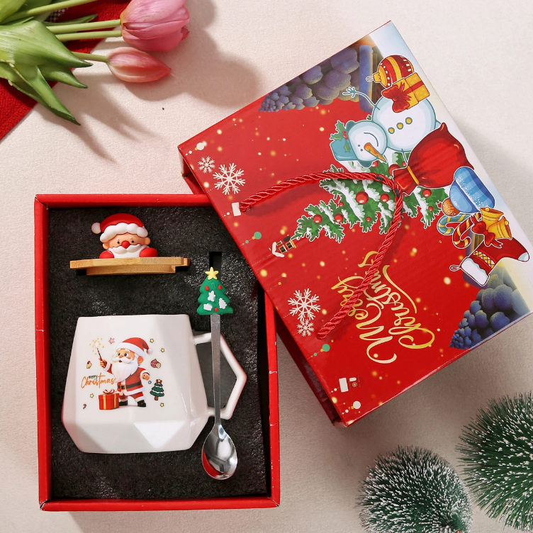Christmas Mug Gift Set with Warmer - Santa Ceramic Coffee Mug, Wooden Lid & Tree Spoon, Holiday Keepsake Gift Box (4-Piece)
