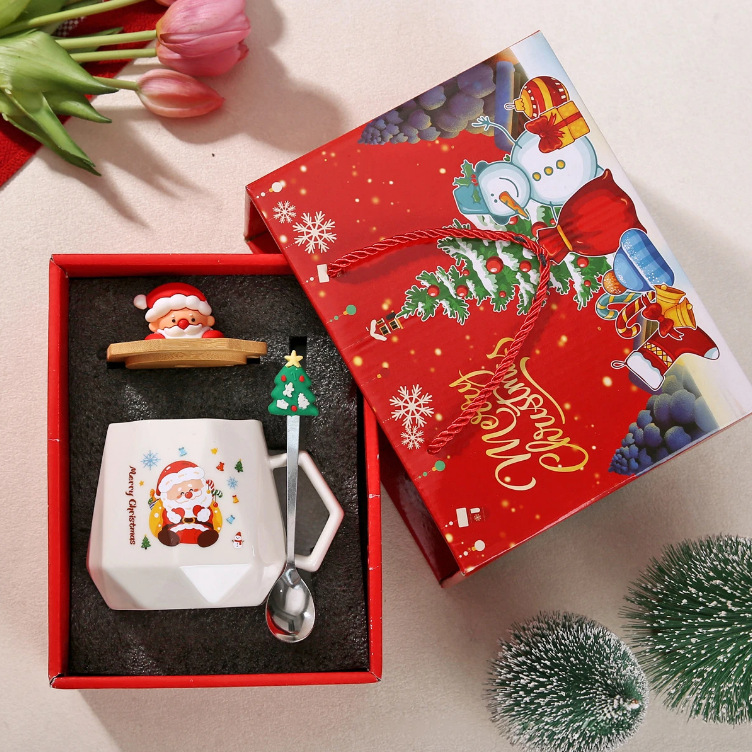 Christmas Mug Gift Set with Warmer - Santa Ceramic Coffee Mug, Wooden Lid & Tree Spoon, Holiday Keepsake Gift Box (4-Piece)