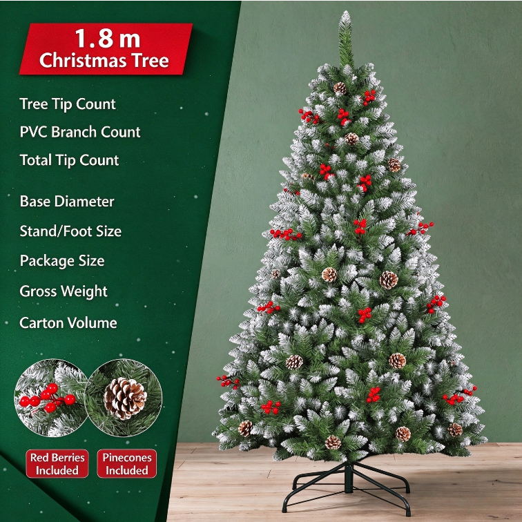 1.5M / 1.8M Flocked Christmas Tree with Pinecones & Red Berries, Snowy Artificial Christmas Tree for Home Holiday Decor