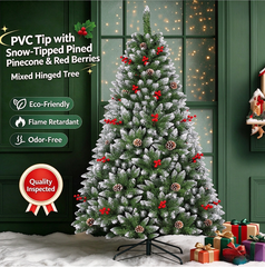 1.5M / 1.8M Flocked Christmas Tree with Pinecones & Red Berries, Snowy Artificial Christmas Tree for Home Holiday Decor