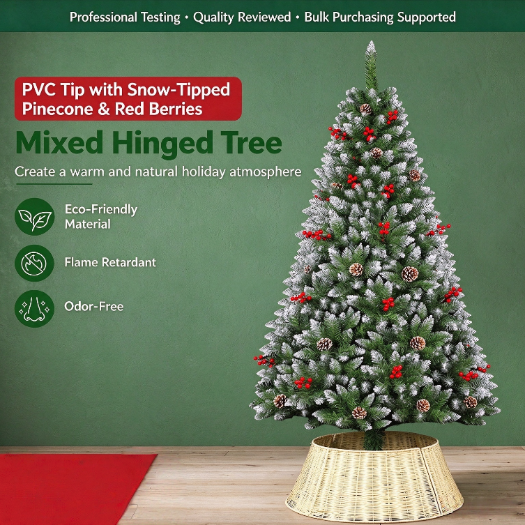 1.5M / 1.8M Flocked Christmas Tree with Pinecones & Red Berries, Snowy Artificial Christmas Tree for Home Holiday Decor