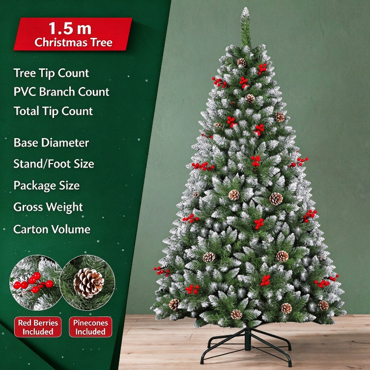 1.5M / 1.8M Flocked Christmas Tree with Pinecones & Red Berries, Snowy Artificial Christmas Tree for Home Holiday Decor
