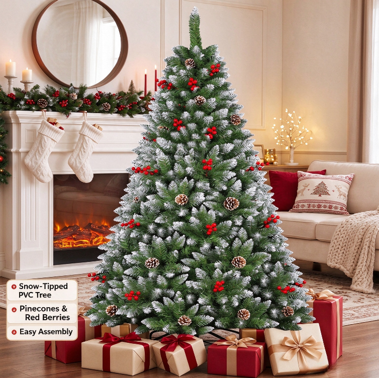 1.5M / 1.8M Flocked Christmas Tree with Pinecones & Red Berries, Snowy Artificial Christmas Tree for Home Holiday Decor