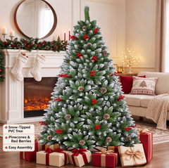 1.5M / 1.8M Flocked Christmas Tree with Pinecones & Red Berries, Snowy Artificial Christmas Tree for Home Holiday Decor