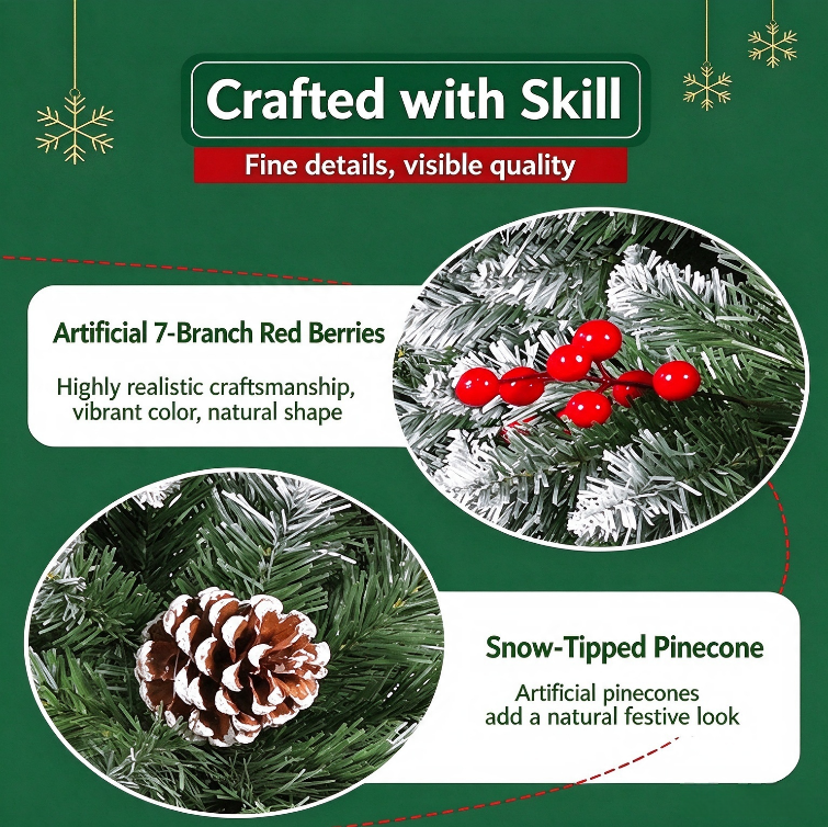 1.5M / 1.8M Flocked Christmas Tree with Pinecones & Red Berries, Snowy Artificial Christmas Tree for Home Holiday Decor