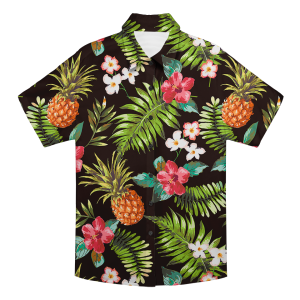 Pineapple & Hibiscus Print Black Aloha Shirt