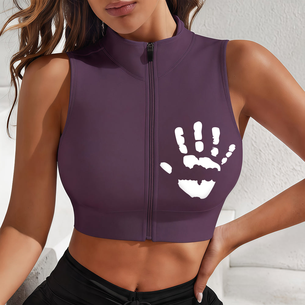 Custom Hand Print Front Zip Sleeveless Crop Top, Women Stand Collar Handprint Graphic Workout Tank Top, Customizable Logo Gym Vest