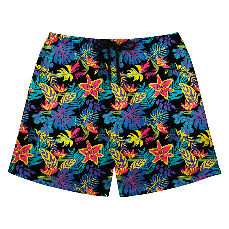 Neon Tropical Floral Print Black Board Shorts