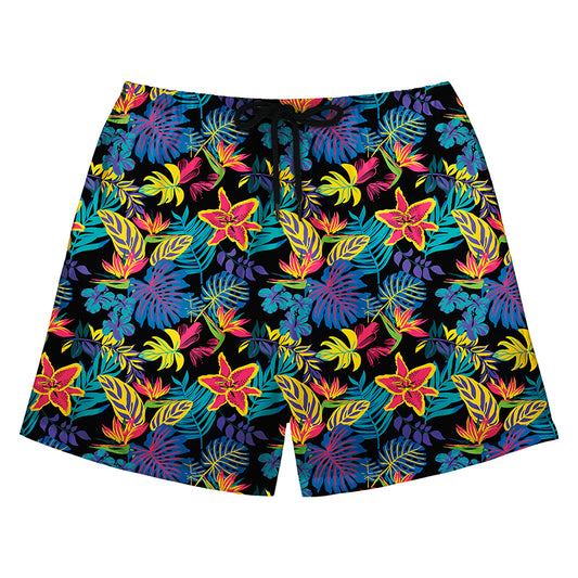 Neon Tropical Floral Print Black Board Shorts