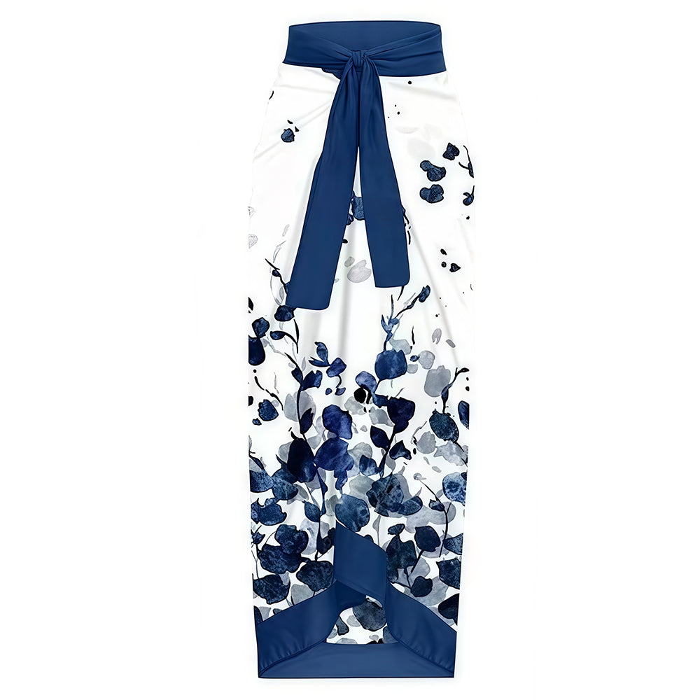 Watercolor Indigo Floral Print Bow Strap Swimsuit with Wrap Skirt