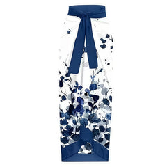 Watercolor Indigo Floral Print Bow Strap Swimsuit with Wrap Skirt