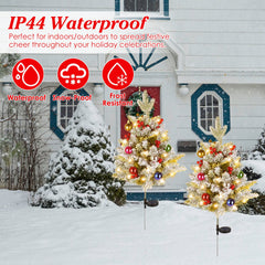2Pcs Solar Powered Lighted Christmas Tree Urn Filler With Light Artificial Xmas Trees Light with Berries Decor Balls LED Pathway Pine Tree IP44 Waterp