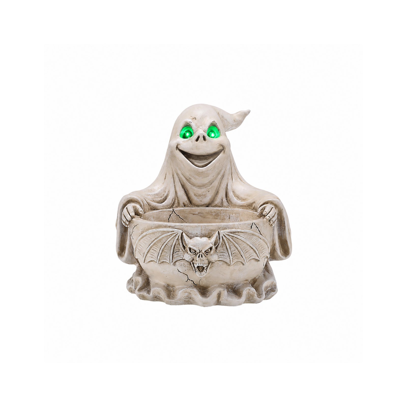 Ghost storage bowl resin statue on a plain background, side view, showing the scalloped rim of the dish