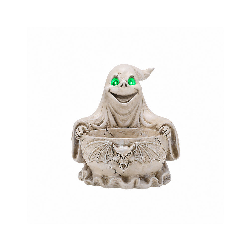 Ghost storage bowl resin statue on a plain background, side view, showing the scalloped rim of the dish