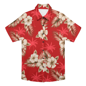 Red Hibiscus & Palm Tree Print Hawaiian Shirt
