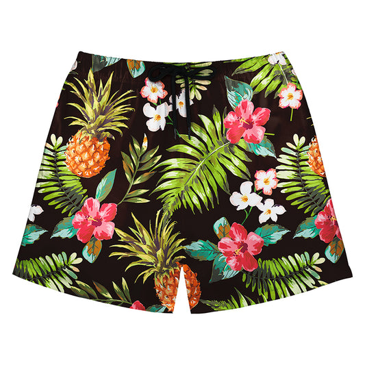 Black Swim Shorts with Pineapple & Hibiscus Print