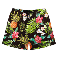 Black Swim Shorts with Pineapple & Hibiscus Print