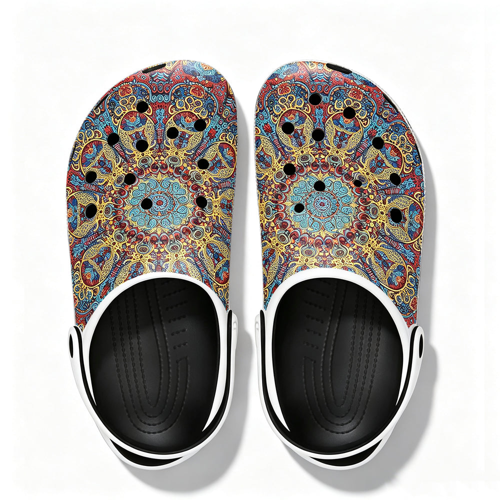 Multiple styles of slip-resistant perforated shoes with custom shoe surface designs