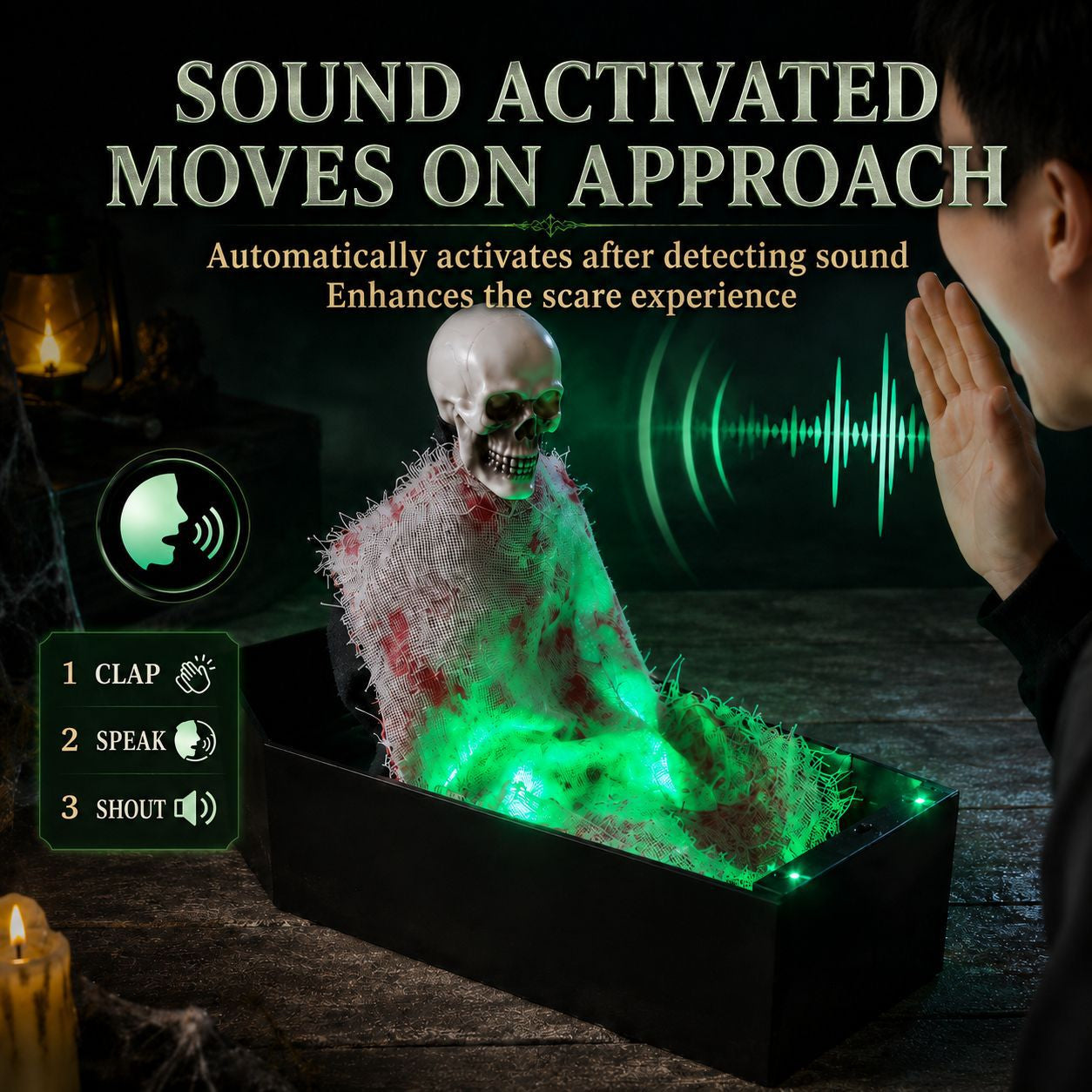 Halloween voice-controlled coffin skeleton motion props