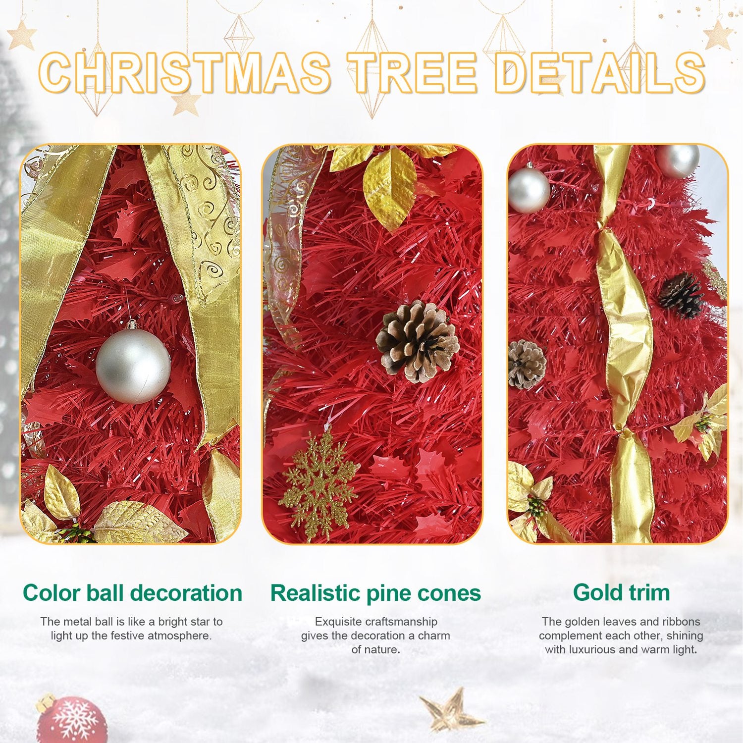 6FT Red PreLit Pop-Up Christmas Tree With 150 Warm White LED Ribbons Bow Flowers Snowflakes Pine Cones Red Ornaments Collapsible Artificial Christmas Tree IP44 Waterproof Indoor Holiday Decor OLFC0109