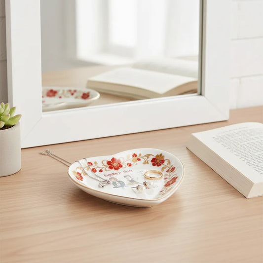 Custom  Photo Ceramic Trinket Tray with Elegant Red Floral Vine Border-Together since