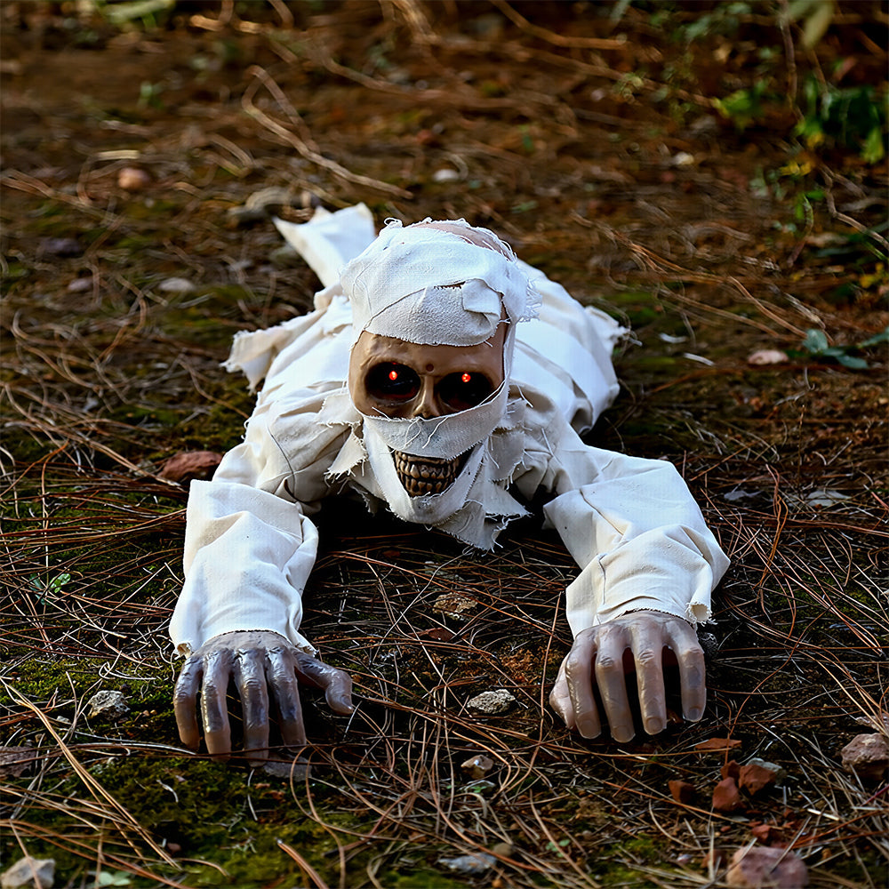 Halloween crawling mummy, an interactive prop with red glowing eyes and terrifying sounds, suitable for outdoor courtyard haunted house decoration