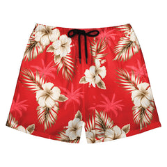 Red Hawaiian Swim Trunks with Cream Hibiscus Print