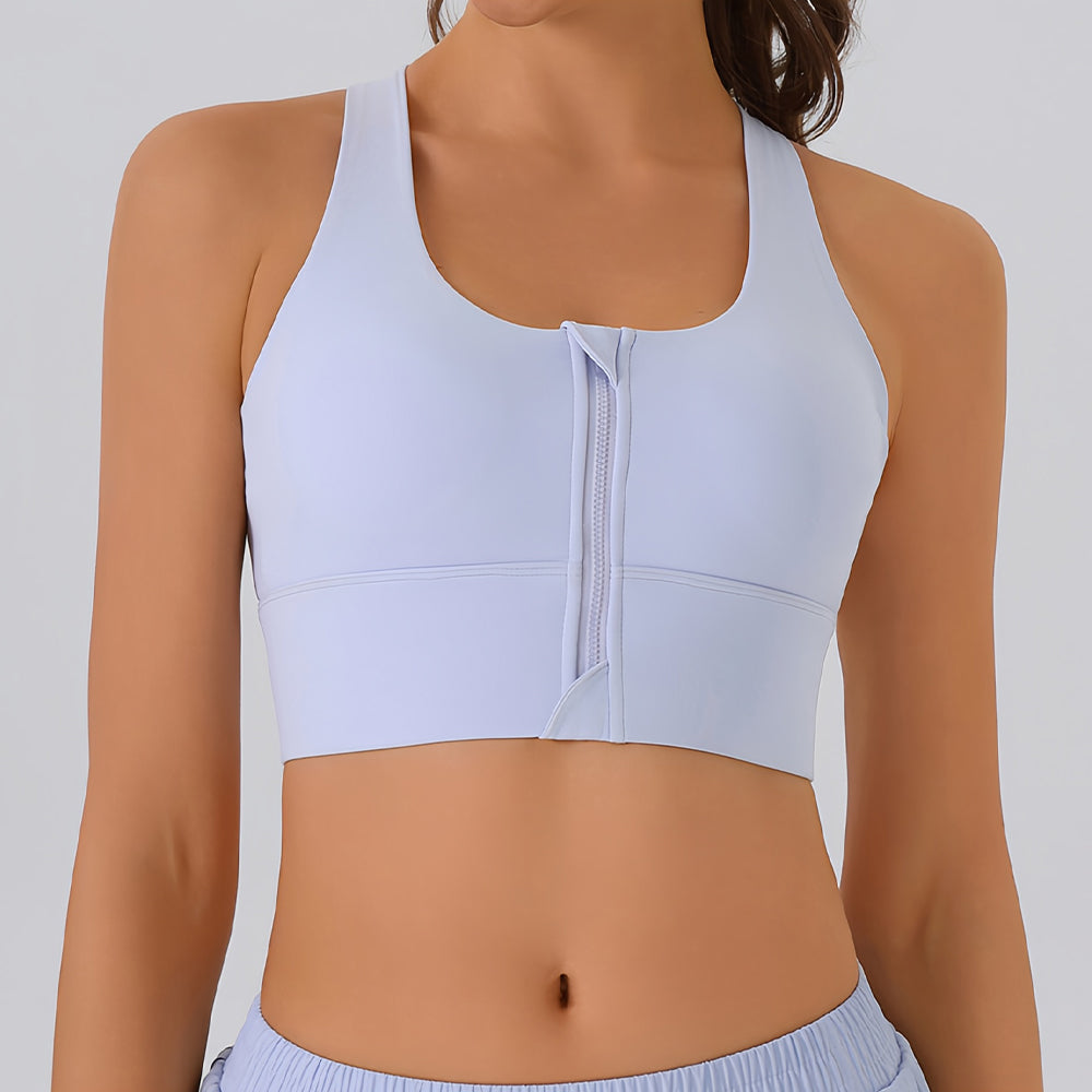 Front Zipper High Support Sports Bra - Racerback Longline Workout Crop Top
