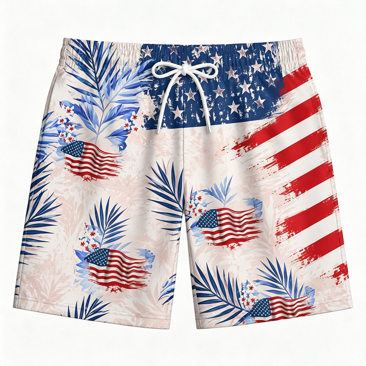 USA Star Stripe Tropical Floral Patriotic Board Shorts