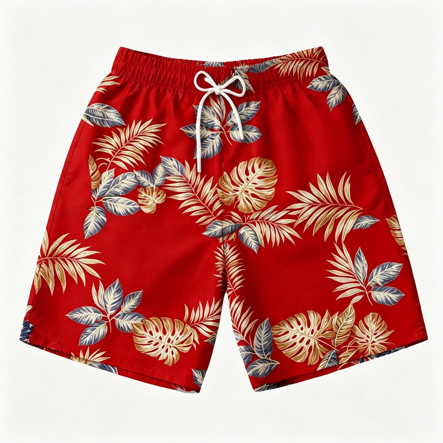 Red Background Tropical Monstera & Palm Leaf Aloha Swim Shorts