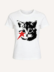 Unisex Black & White Cat with Red Star Graphic Tee