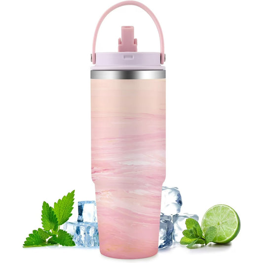 Pink Marble Insulated Tumbler with Handle & Flip Straw, Double Wall Stainless Steel Water Bottle for Gym, Travel & Everyday Use