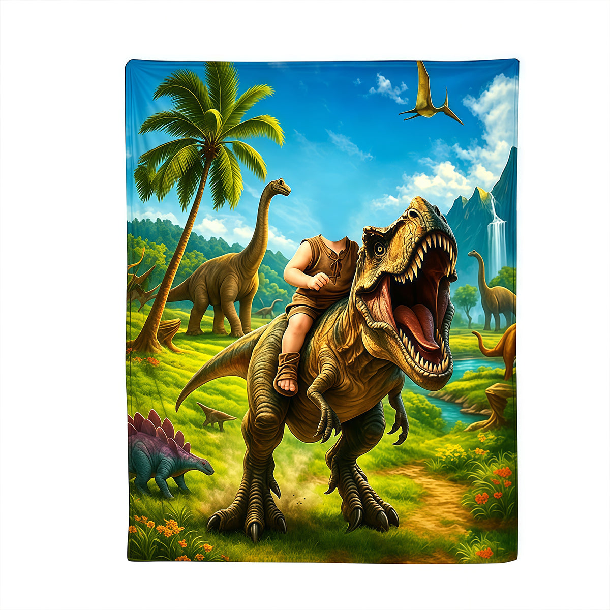 Personalized Dinosaur Blanket with Child’s Photo and Name, Custom Dino Riding Design for Kids.