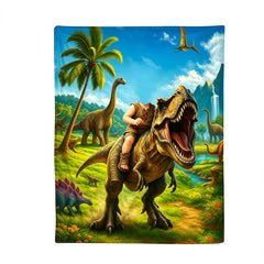 Personalized Dinosaur Blanket with Child’s Photo and Name, Custom Dino Riding Design for Kids.