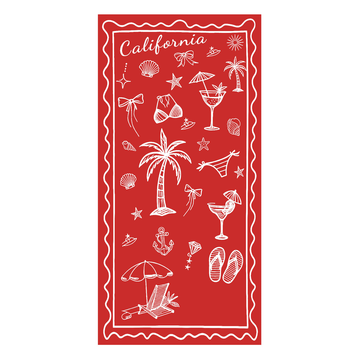 California Coastal Doodle Red & White Beach Towel