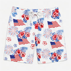 4th of July Firework Hibiscus American Flag Swim Shorts
