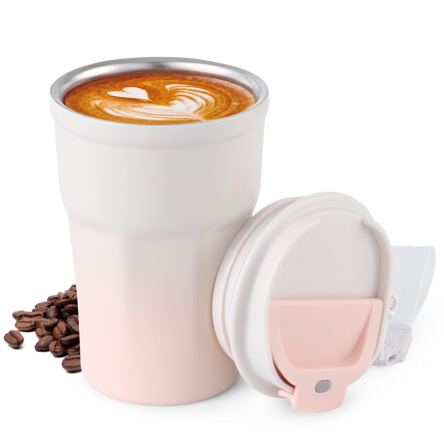 350ml Insulated Stainless Steel Coffee Cup - Leak-Proof Lid & Portable Strap, Reusable Travel Mug for Hot & Cold Drinks, Pastel Pink Gradient