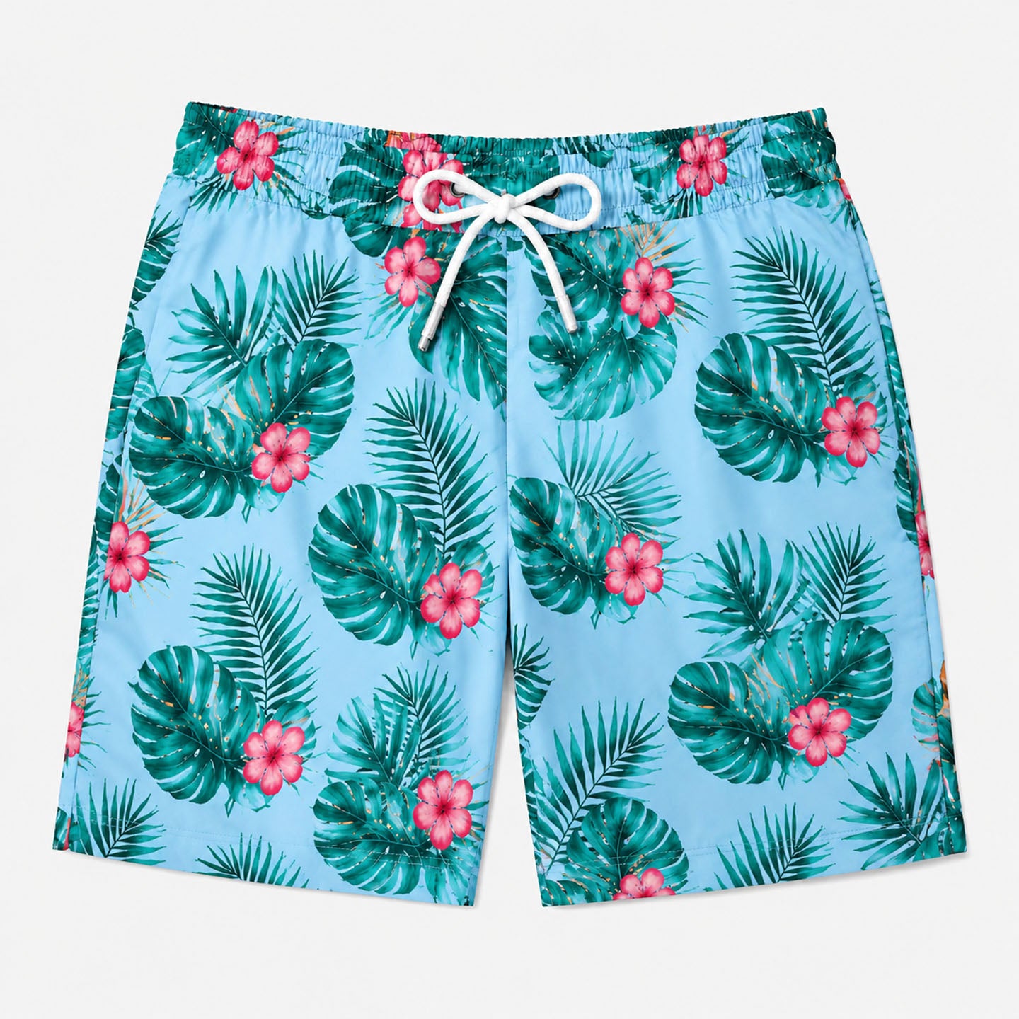 Light Blue Tropical Monstera Hibiscus Summer Board Shorts