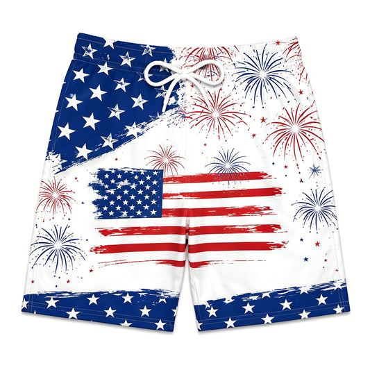 Vintage American Flag Black Tropical Leaf Aloha Swim Shorts