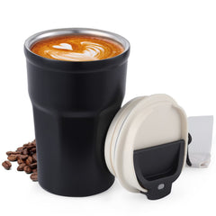 Stainless Steel Insulated Coffee Tumbler with Flip Lid & Carry Strap, 350ml Leakproof Travel Mug for Office, Camping & Commute, Matte Black
