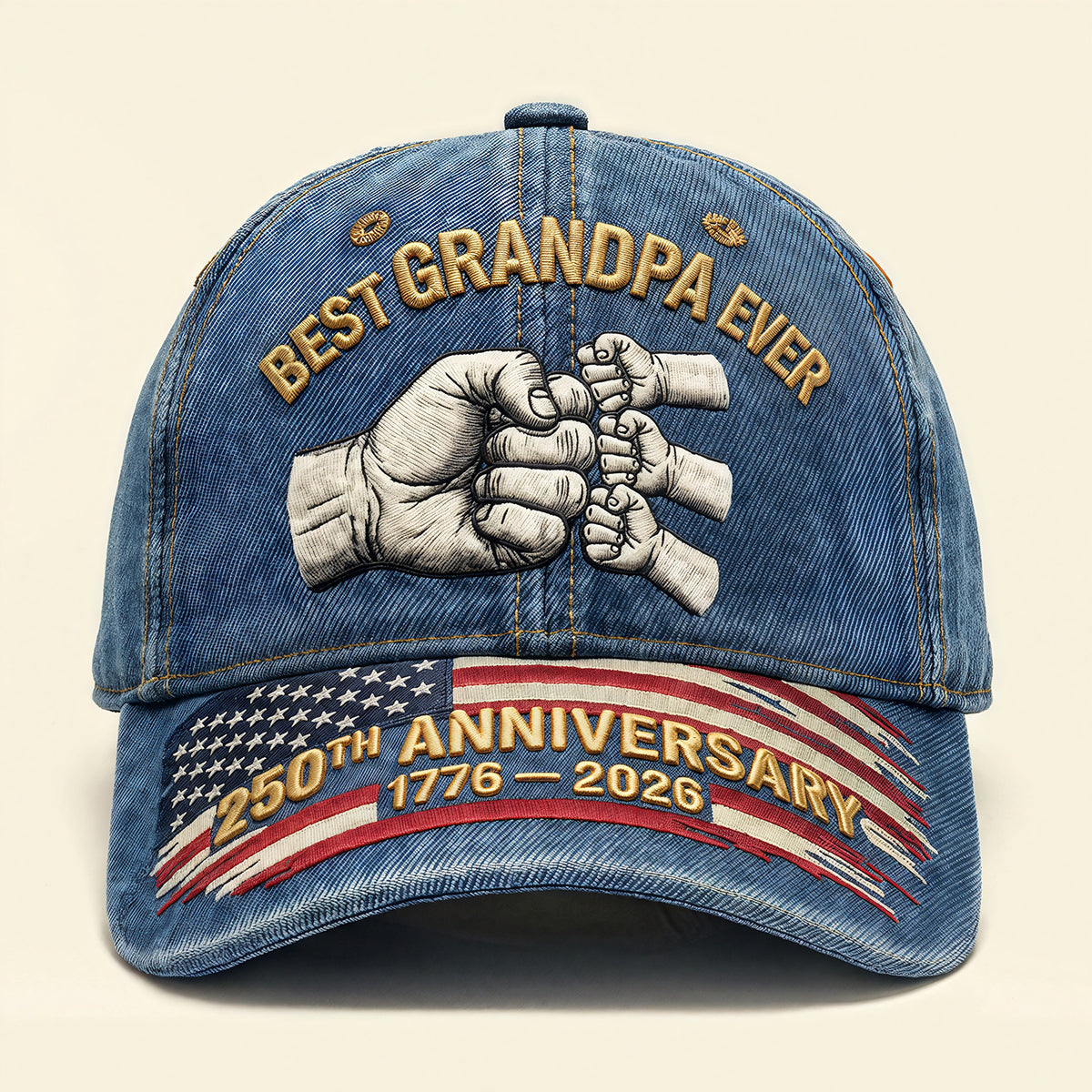 "Best Grandpa Ever" 4 Generations Fist Bump 250th Anniversary Denim Cap