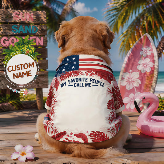 Custom Name Dog Hawaiian Shirt, My Favorite People Call Me Tropical Palm USA Flag Print Pet Summer Button Down Shirt, Personalized 4th of July Dog Beach Clothes Gift