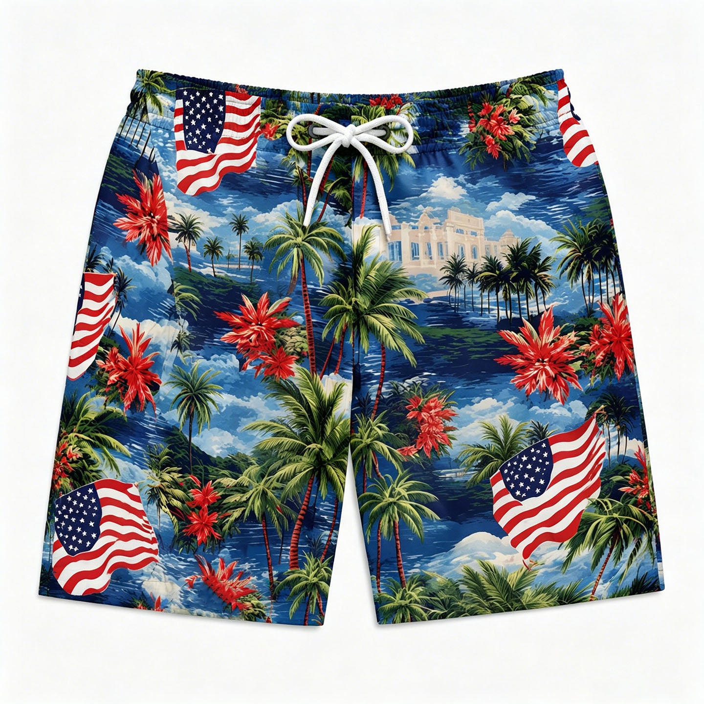 American Flag Palm Tree Coastal Hawaiian Swim Trunks