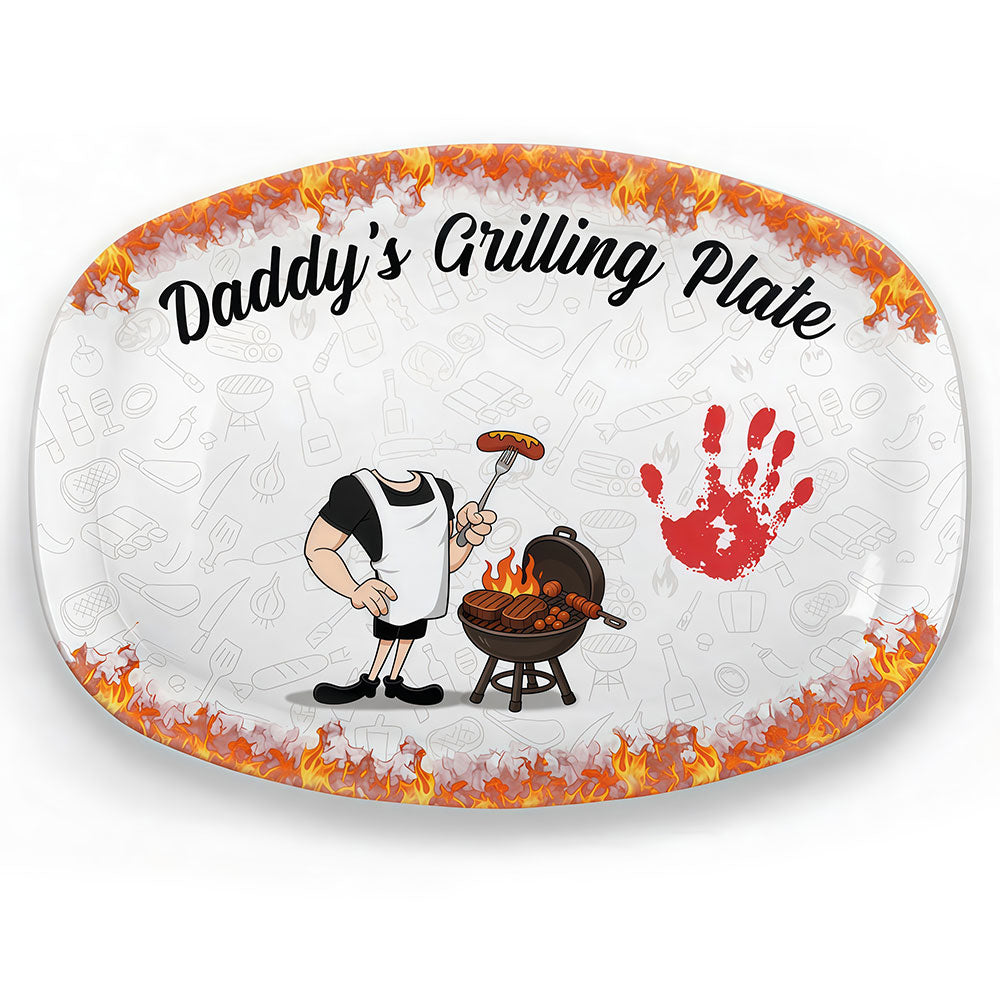 Personalized Fire Rim Daddy's Grilling Serving Tray, Custom Dad Caricature with Child Handprint & Name BBQ Plate, Unique Father's Day Grill Gift for Grandpa Daddy