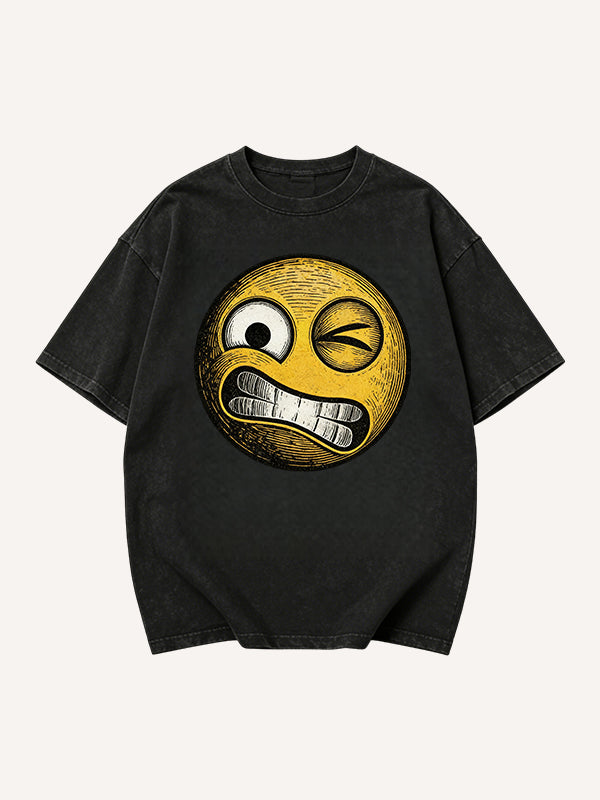Men's Winking Grinning Emoji Retro Comic Graphic Short Sleeve T-Shirt