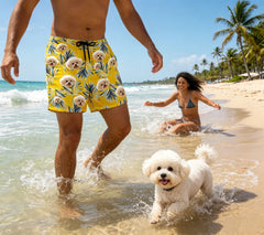 Yellow Hawaiian Board Shorts with Blue Palm Leaf Print