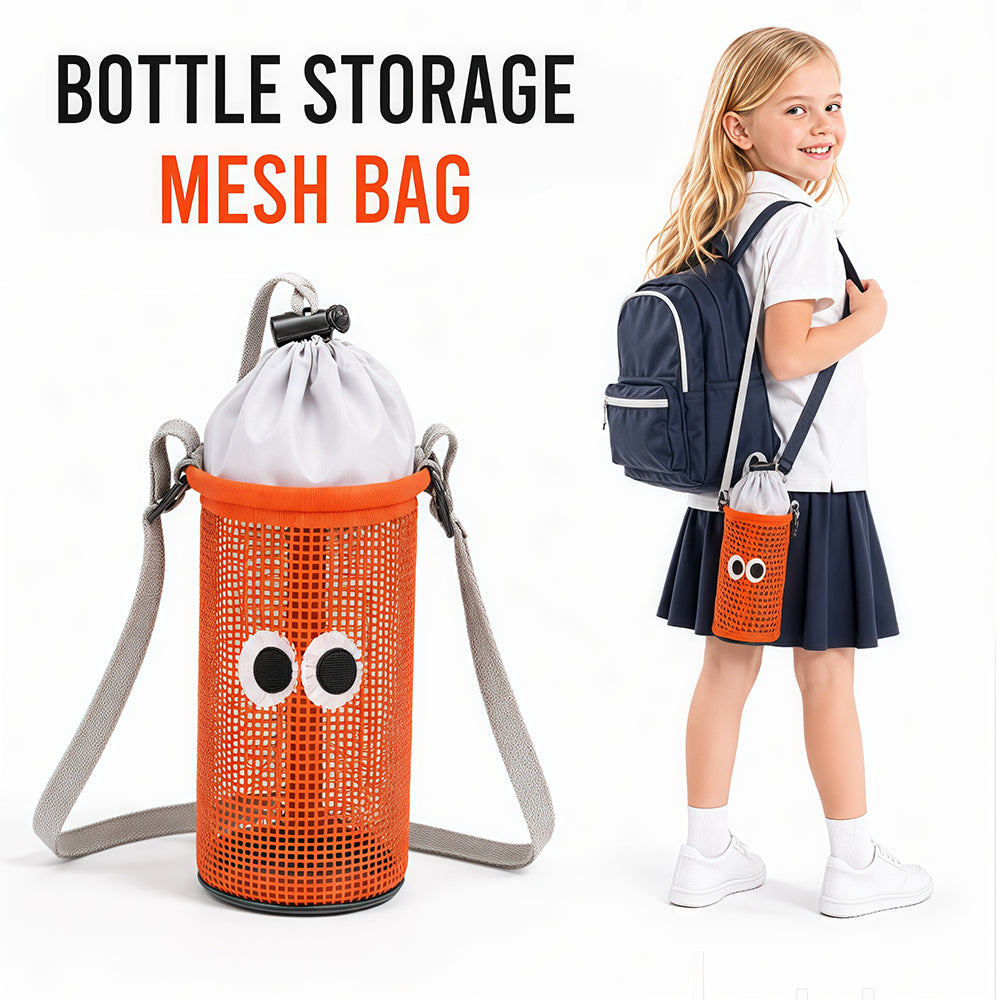 Wire mesh drawstring bag for holding water cups, bottles and thermos cups. Single-shoulder crossbody bag.