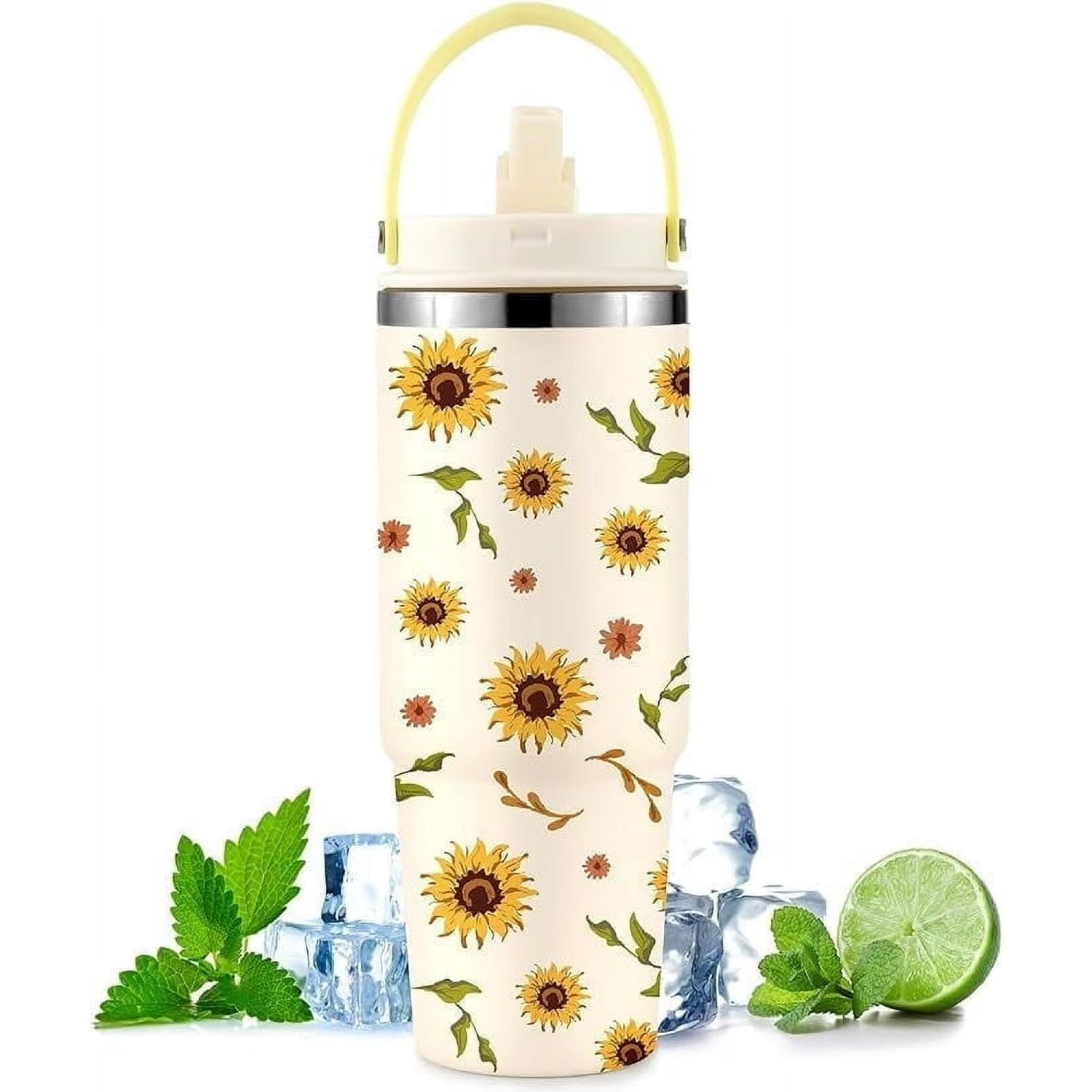 Sunflower Print Insulated Water Bottle with Straw & Handle, Leakproof Stainless Steel Tumbler for Hot/Cold Drinks, Boho Floral Design